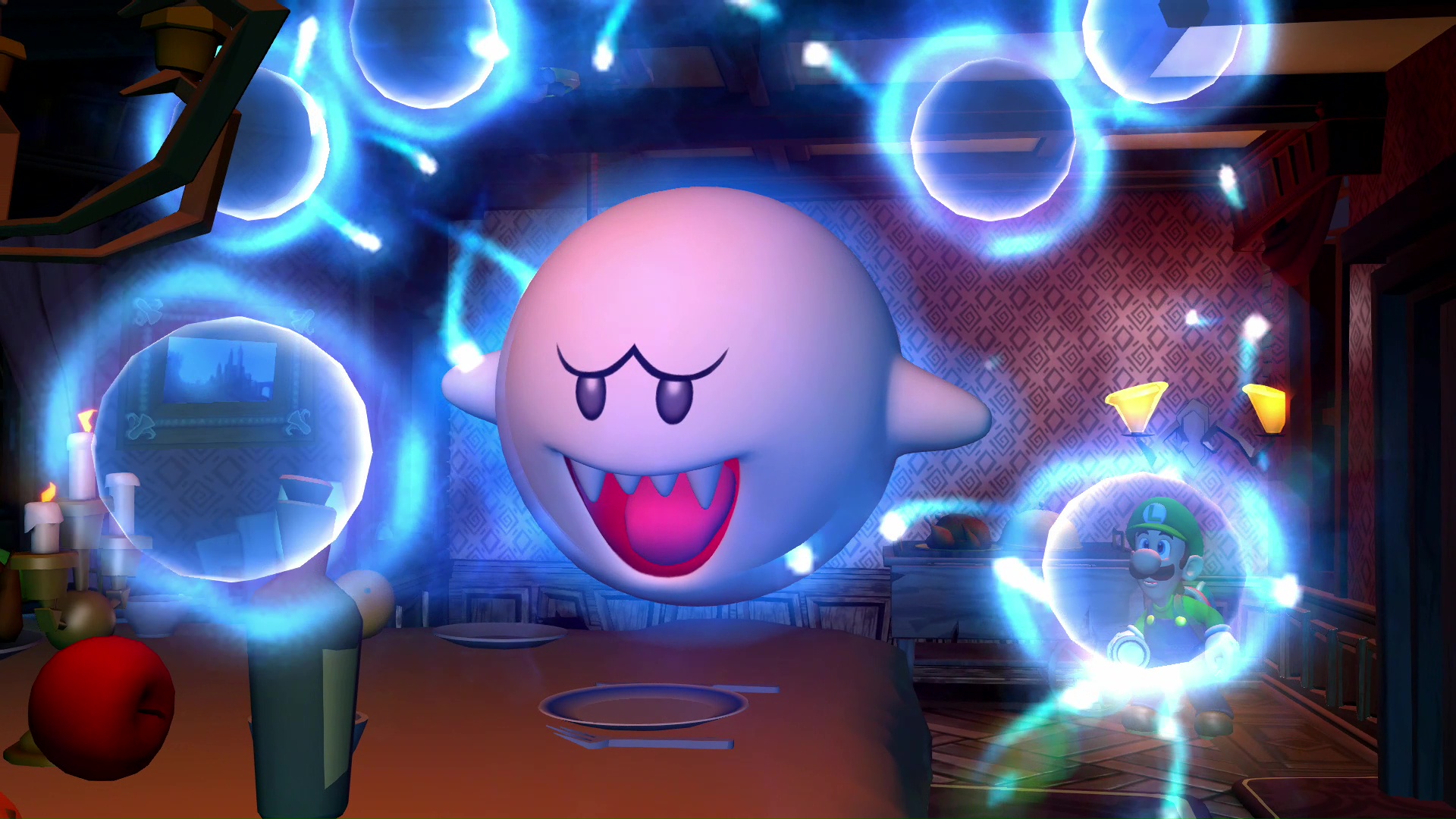 「のろい玉」でモノを消してしまうイタズラをするテレサ。後述するアイテム「ダークライト」を使うと姿を現す