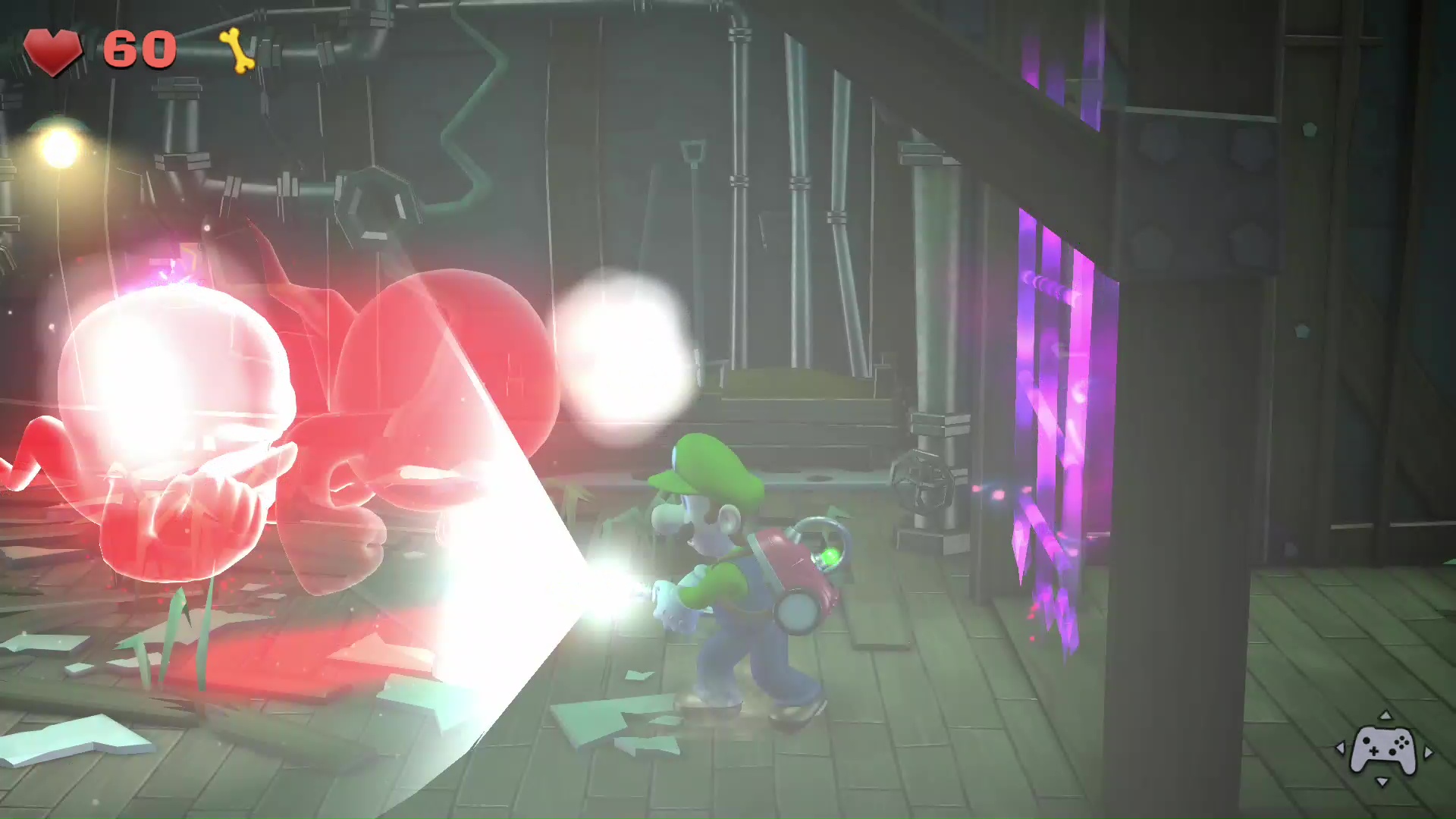 オバケがいる、またはいそうな方向にストロボを光らせるとオバケの動きが止まる。ストロボは少しだけパワーをためる時間が必要だ