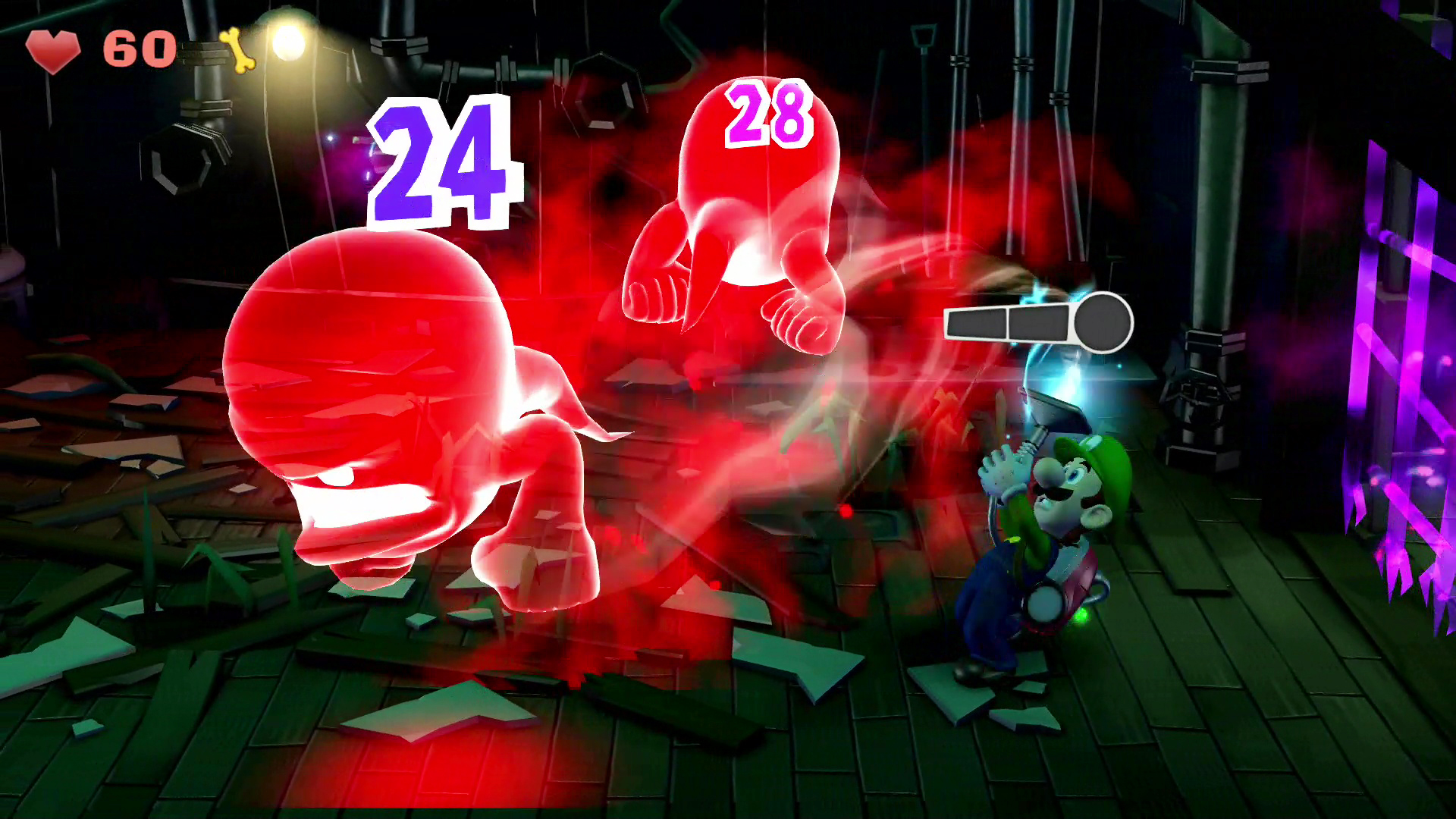 すかさずオバキュームで吸引！ オバケが逃げる方向と逆にルイージが移動することで体力を減らせる