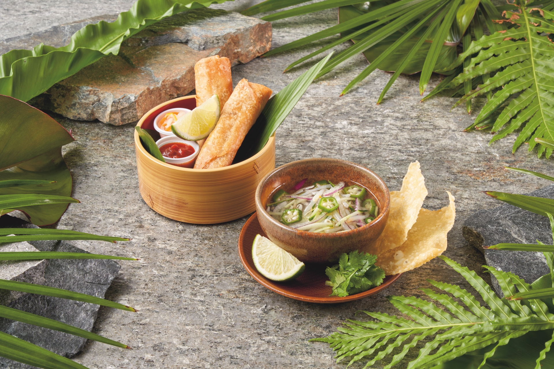 ロストワールド・レストラン：左から、ベジタブル・スプリングロール 650円、フライドワンタン＆ベジタブルスープ 550円