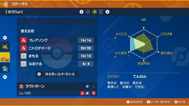 ステータスはとくこう・とくぼうに極振り。残りはHPに割当てるなどすればよさそうだ。とくせいは相手のステータス上昇効果の影響を受けなくなる「てんねん」を採用。今回のジャローダは自身のとくせい「あまのじゃく」を活かして「リーフストーム」でとくこうステータスをがっつり上げてくる傾向にあるので、「てんねん」の効果は有効だ