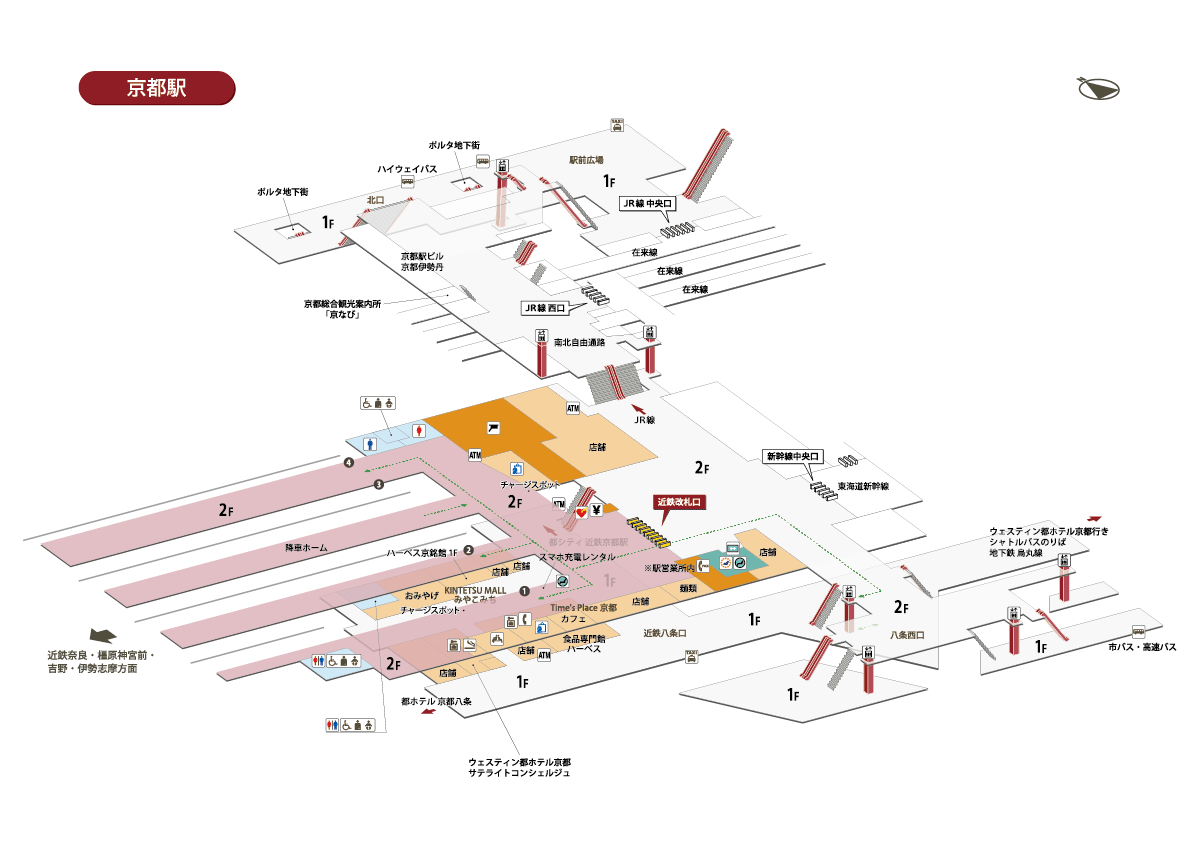 京都駅には在来線や地下鉄も乗り入れている。近鉄京都駅の改札であることをよく確認しておこう