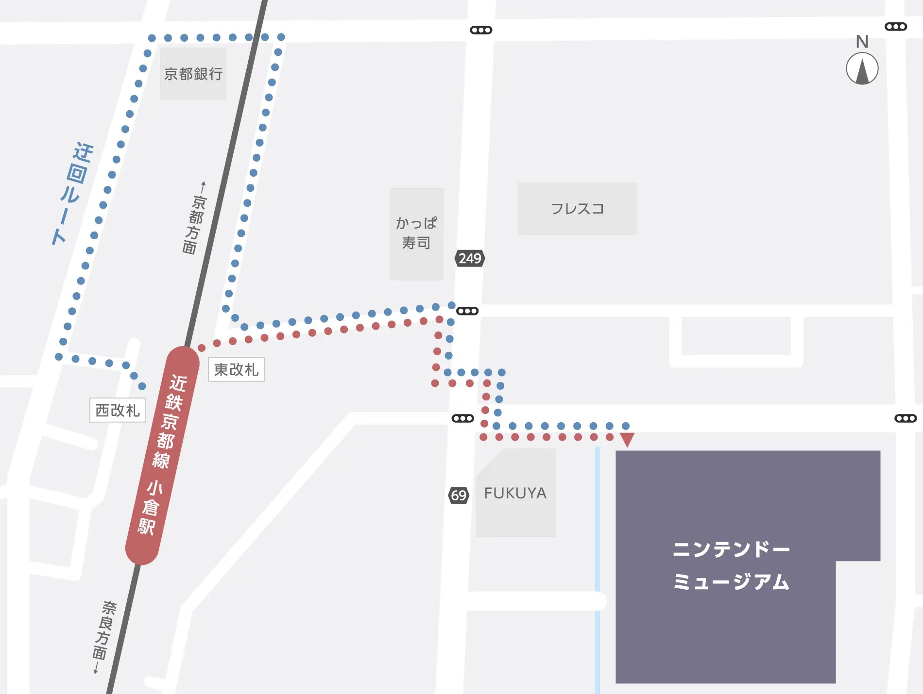 近鉄小倉駅からニンテンドーミュージアムまでの公式マップ。徒歩5分ほどと近い