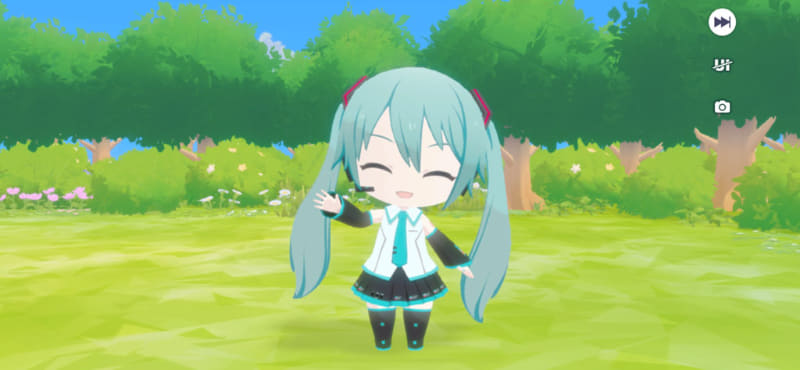 ゲーム画面から「マイセカイ」をタップすることで、自分だけのセカイへ移動。初訪問時にミクさんがお出迎えしてくれる「マイセカイ」は、庭に自宅がポツンとあるだけの場所だ