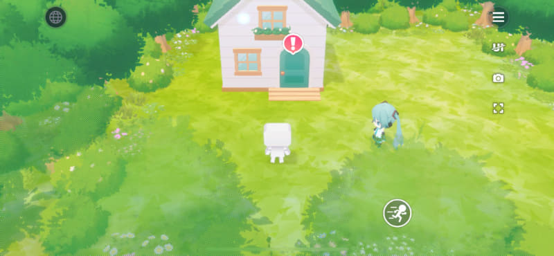 ゲーム画面から「マイセカイ」をタップすることで、自分だけのセカイへ移動。初訪問時にミクさんがお出迎えしてくれる「マイセカイ」は、庭に自宅がポツンとあるだけの場所だ