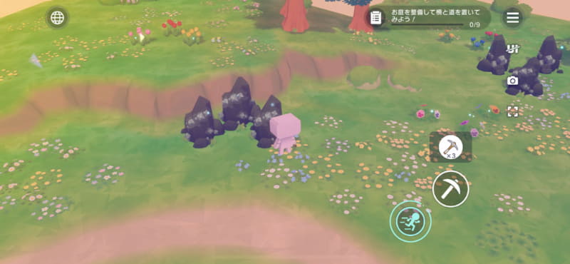 採取時は、採る対象によって使えるアイテムが自動的に変化。花の場合は手、木の時は斧、石ならつるはしとなる