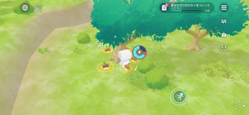 斧やつるはしをふるって材料を採取。材料を一定回数採取すると木や石はフィールドから消滅するが、その日の午前5時になると復活するので、安心して採取することができる