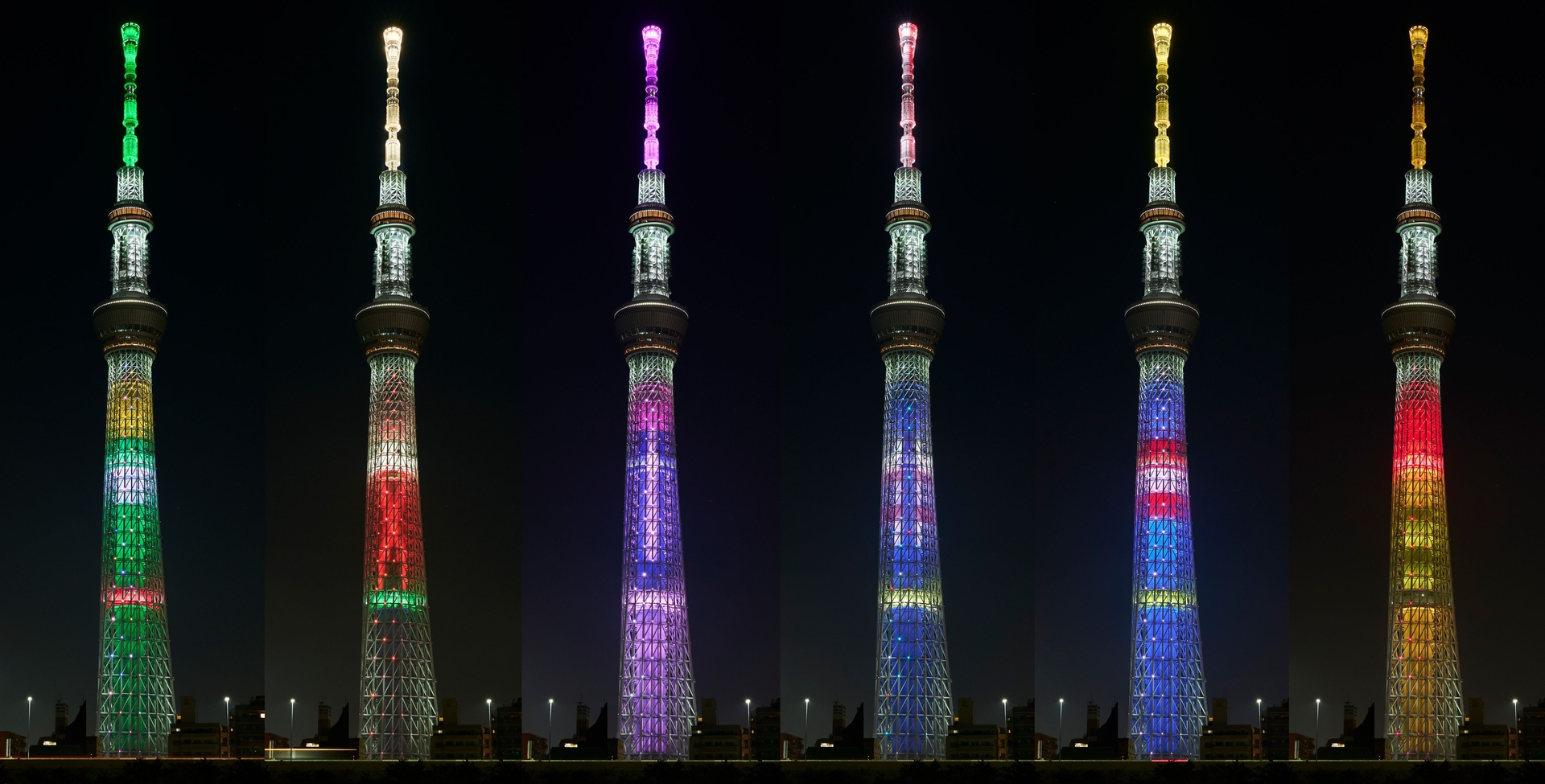 左から、緑谷出久、爆豪勝己、麗日お茶子、轟焦凍、オールマイト、ホークスをイメージしたライティング