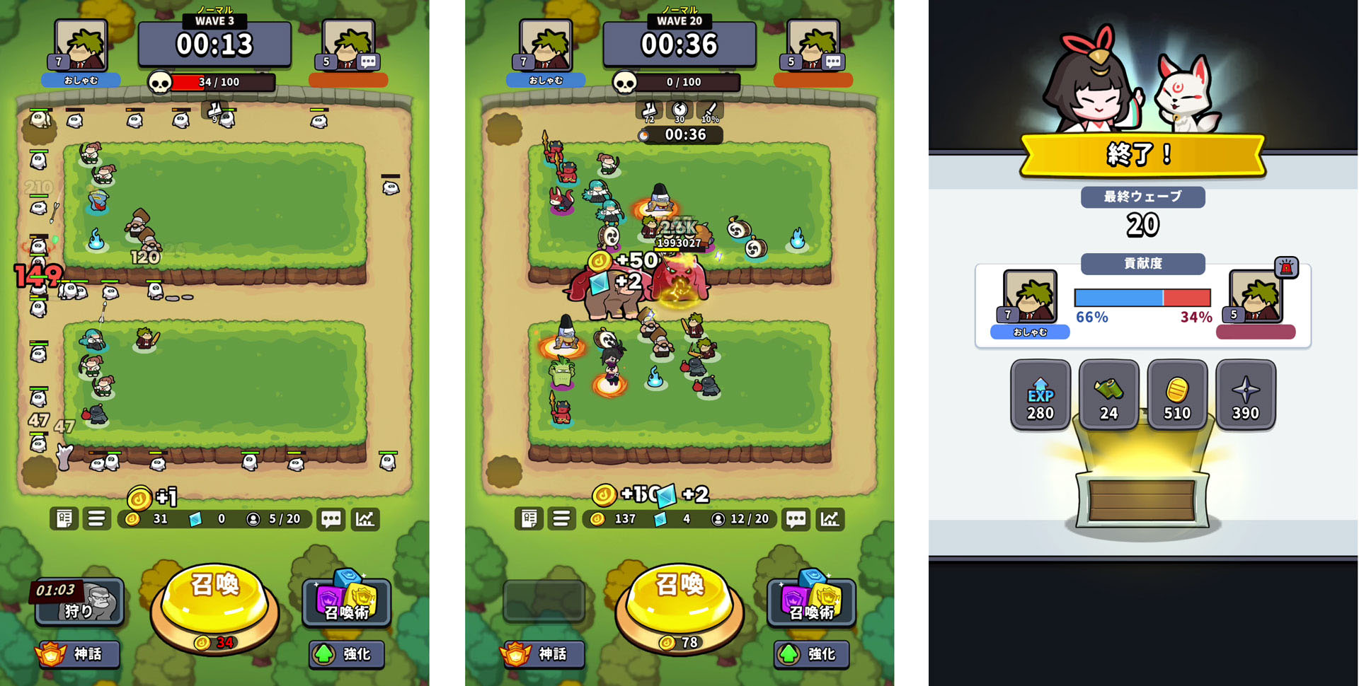 召喚獣のレベルを全く上げずにプレイ。序盤から敵があふれ出していく。召喚獣の引きはそれほど悪くなかったものの、WAVE20のボスを倒しきれずゲームオーバーに