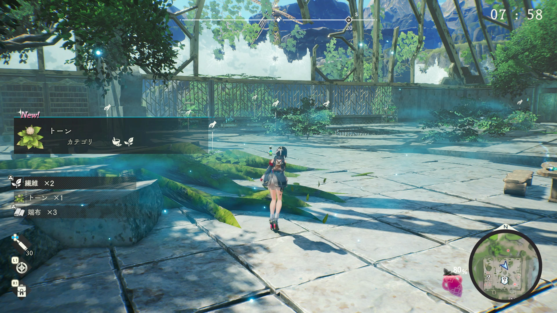 フィールドでは、従来作と同じく素材の採取が可能。手のアイコンが表示されている場所へ移動し、□ボタンを押せばゲットできる