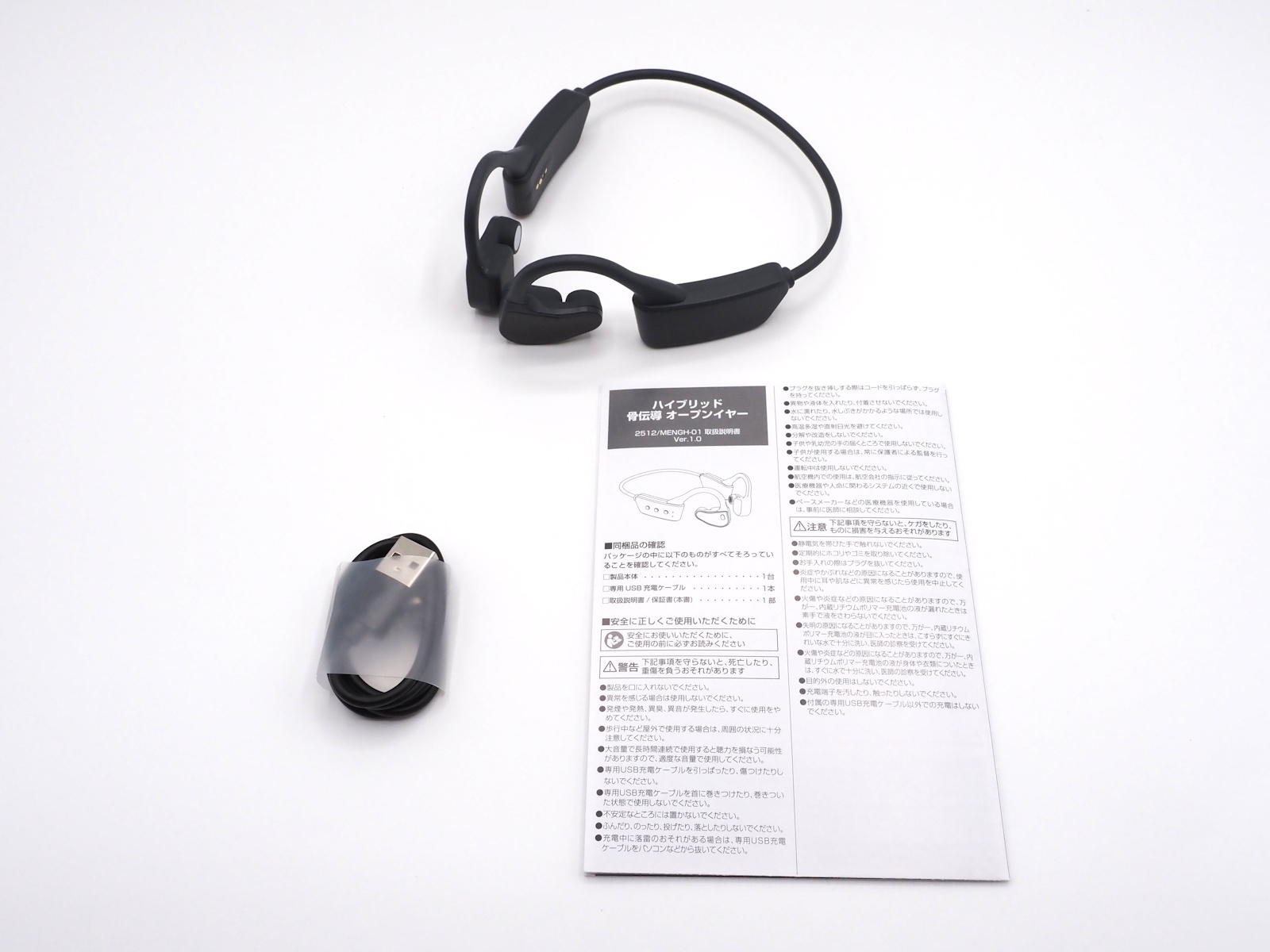 内容物はイヤホン本体、充電ケーブル、説明書とシンプル
