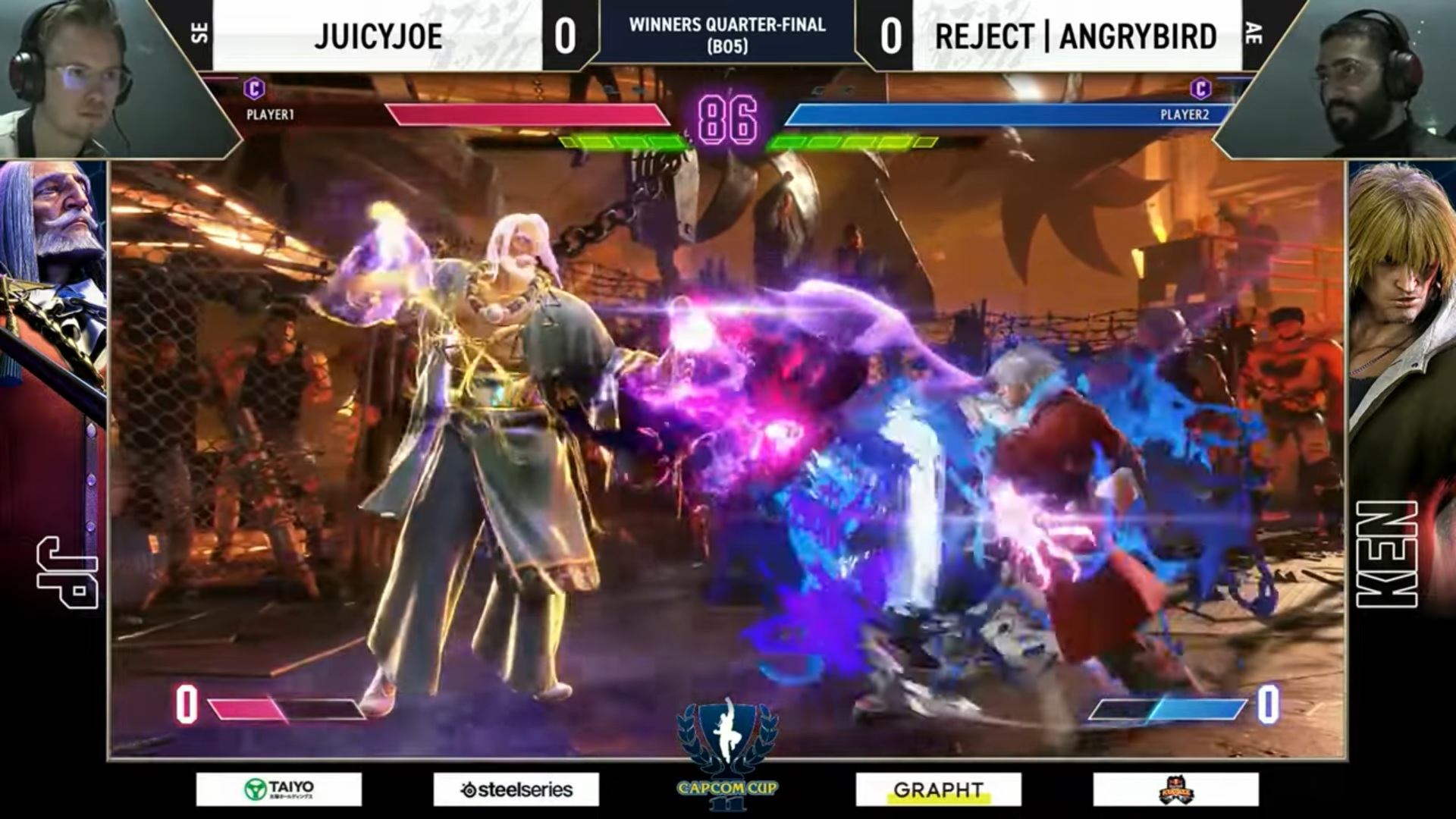 豊富な飛び道具を使い分け遠距離戦を制するのがJPの勝ちパターン。しかしその飛び道具をジャストパリィでしっかり防ぎ、その瞬間にドライブラッシュへ移行し、一気に接近戦に持ち込むというJP対策を見せていたAngryBird選手