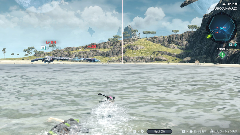 フロンティアネットスポットのなかには、陸上からではなく海を泳いでそこから繋いでいく必要がある場合も……。本作にはスタミナのような概念はないので、海をどれだけ泳いでも溺死することはない。泳ごうとおもえば2時間だって泳ぎ続けられる