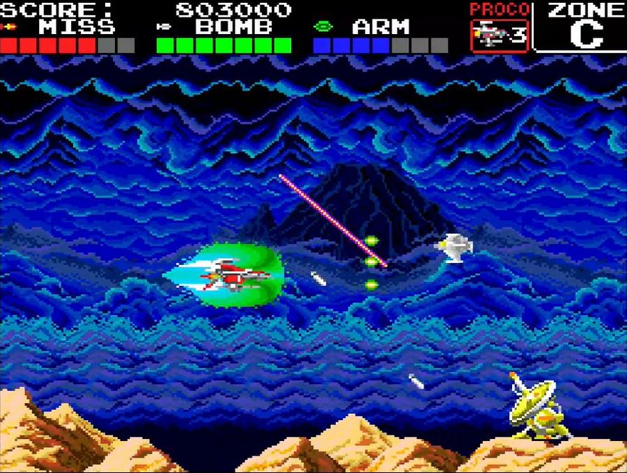 画面サイズは1画⾯分しかないが、アーケード版と同じステージ構成で、敵の配置やビジュアルもソックリそのまま再現