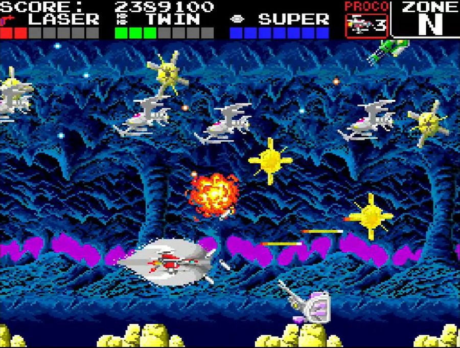 画面サイズは1画⾯分しかないが、アーケード版と同じステージ構成で、敵の配置やビジュアルもソックリそのまま再現