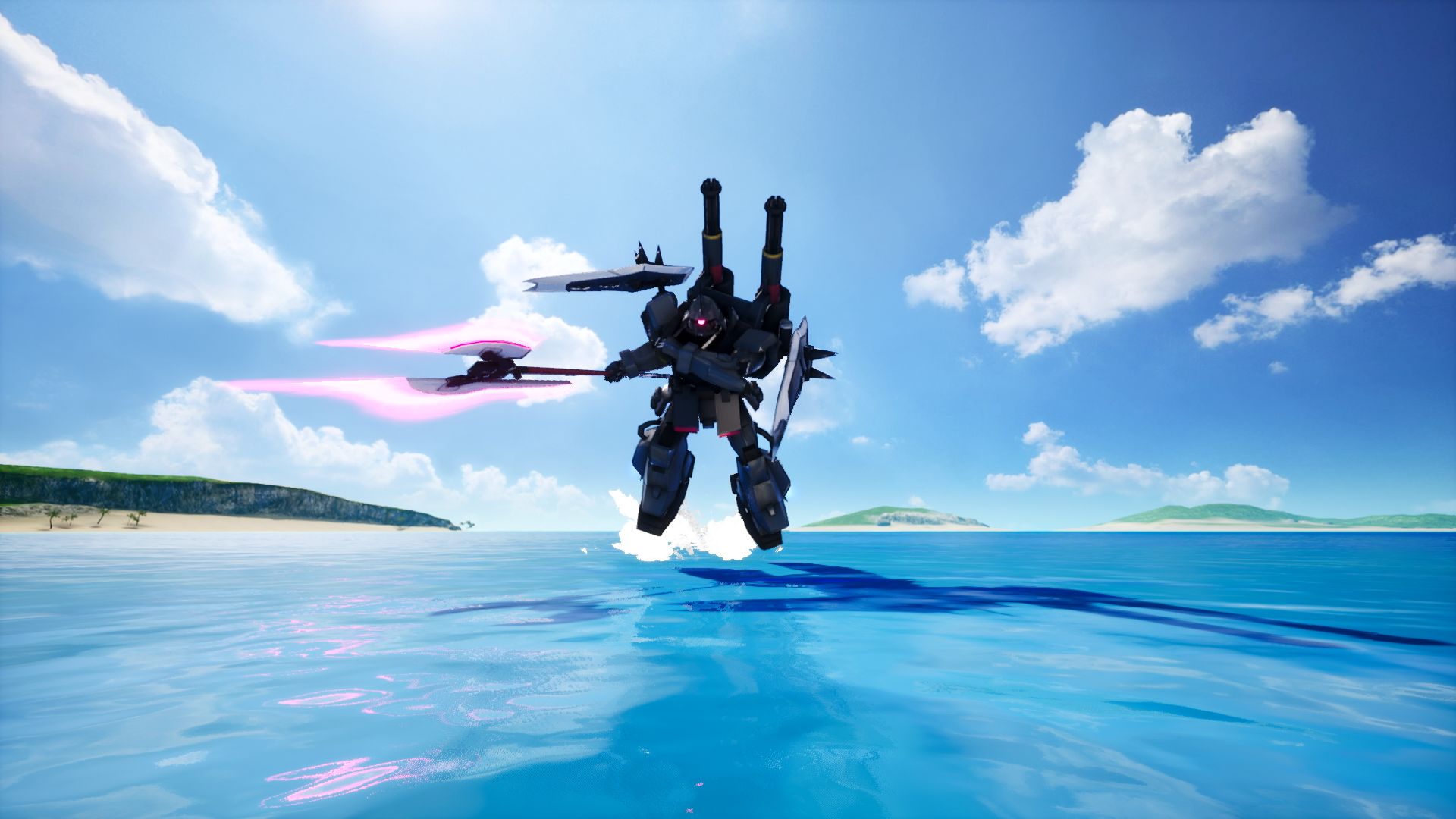 ダークグレーに塗装されたディアッカ専用機に、背部にビームガトリングとビームアックスを搭載し、近接戦闘に特化したスラッシュウィザードを装備した機体