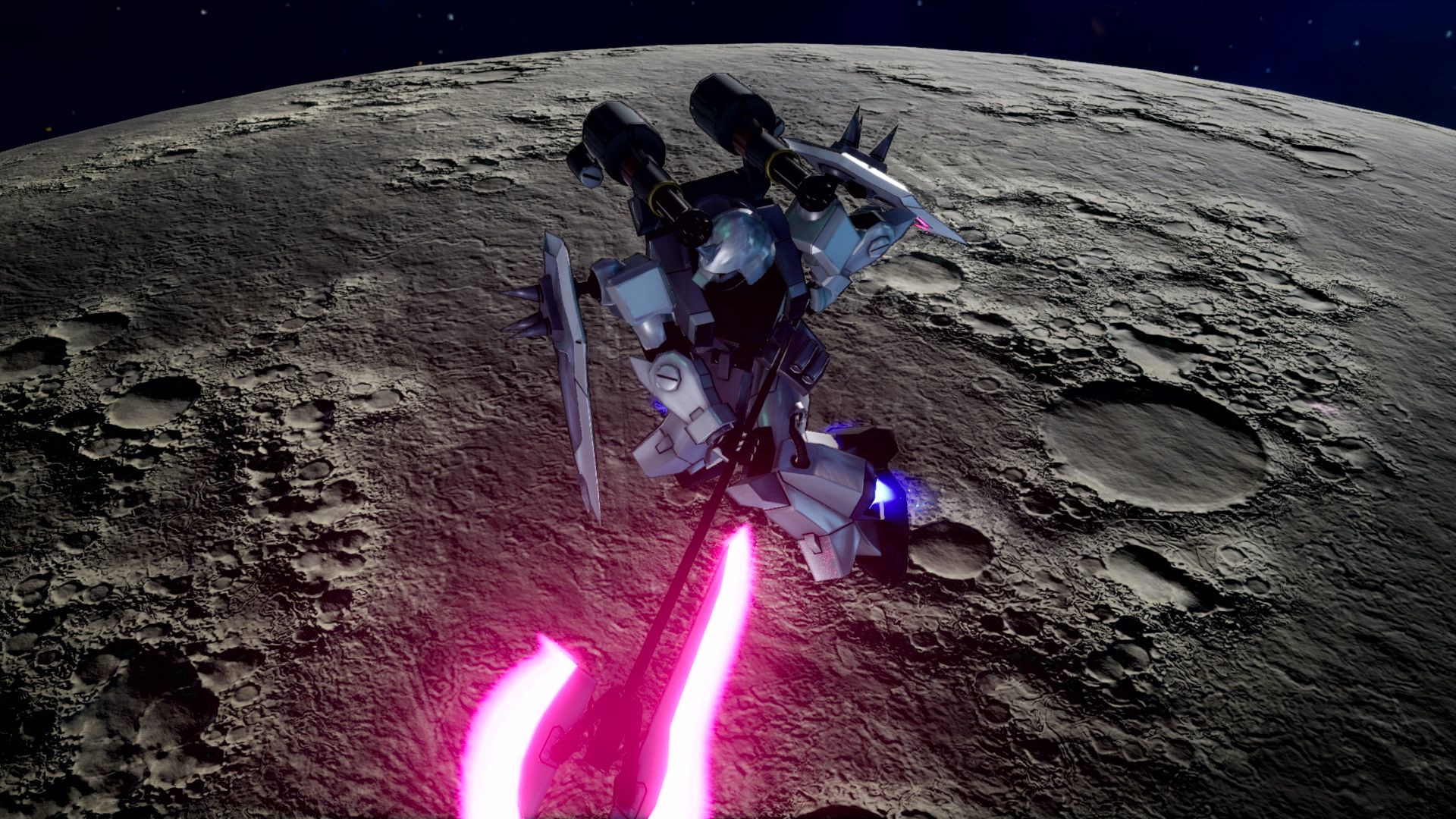 レイ専用の白いザクファントムに、背部にビームガトリングとビームアックスを搭載し、近接戦闘に特化したスラッシュウィザードを装備した機体