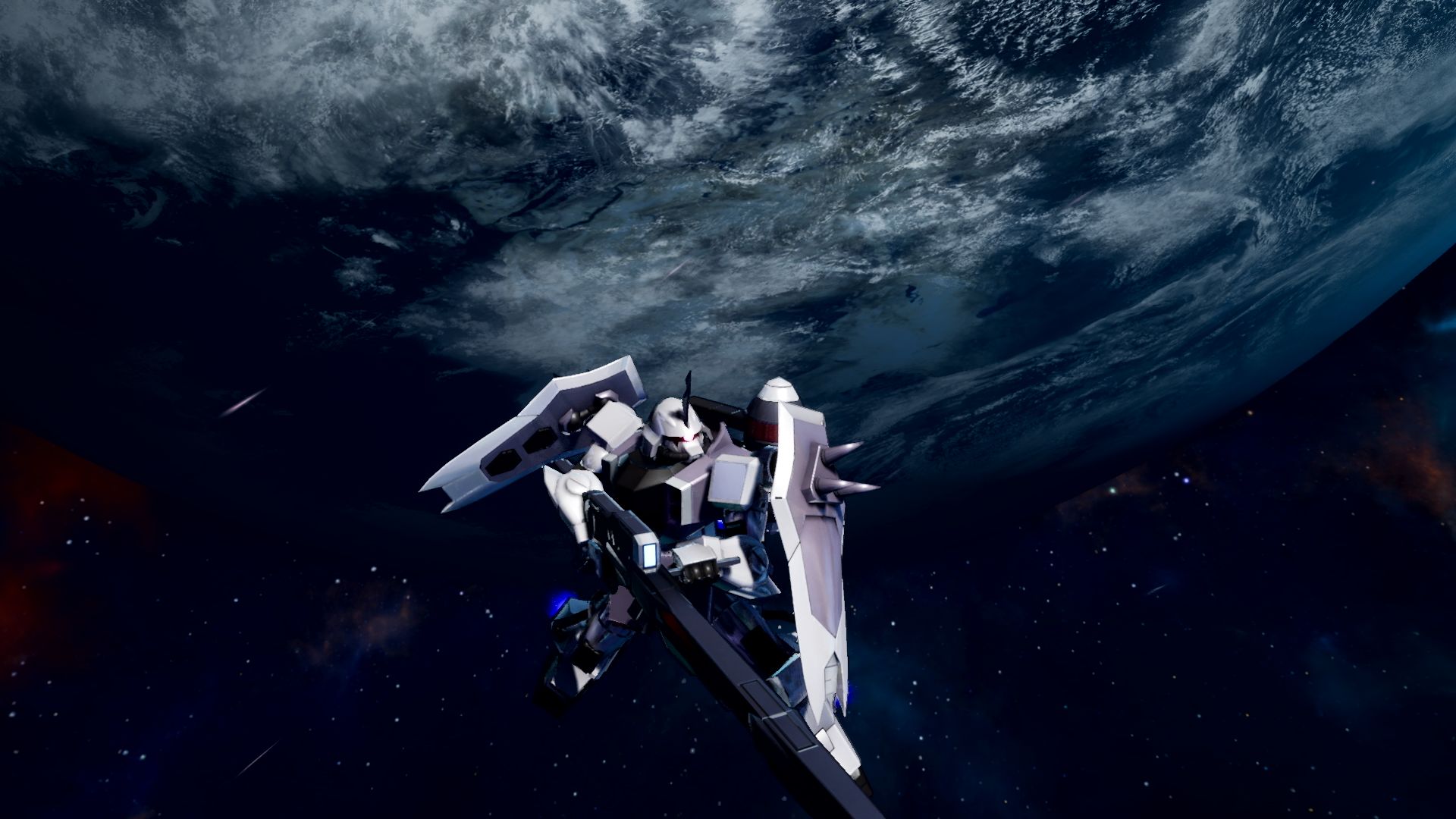 レイ専用の白いザクファントムに、長距離ビーム砲M1500オルトロスを搭載し、遠距離攻撃に特化させたガナーウィザードを装備した機体