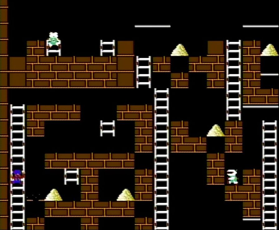 50面の前半。逃げ場となるレンガを、2か所続けて掘ってから金塊を取る「二重時間差掘り」が必須の場面