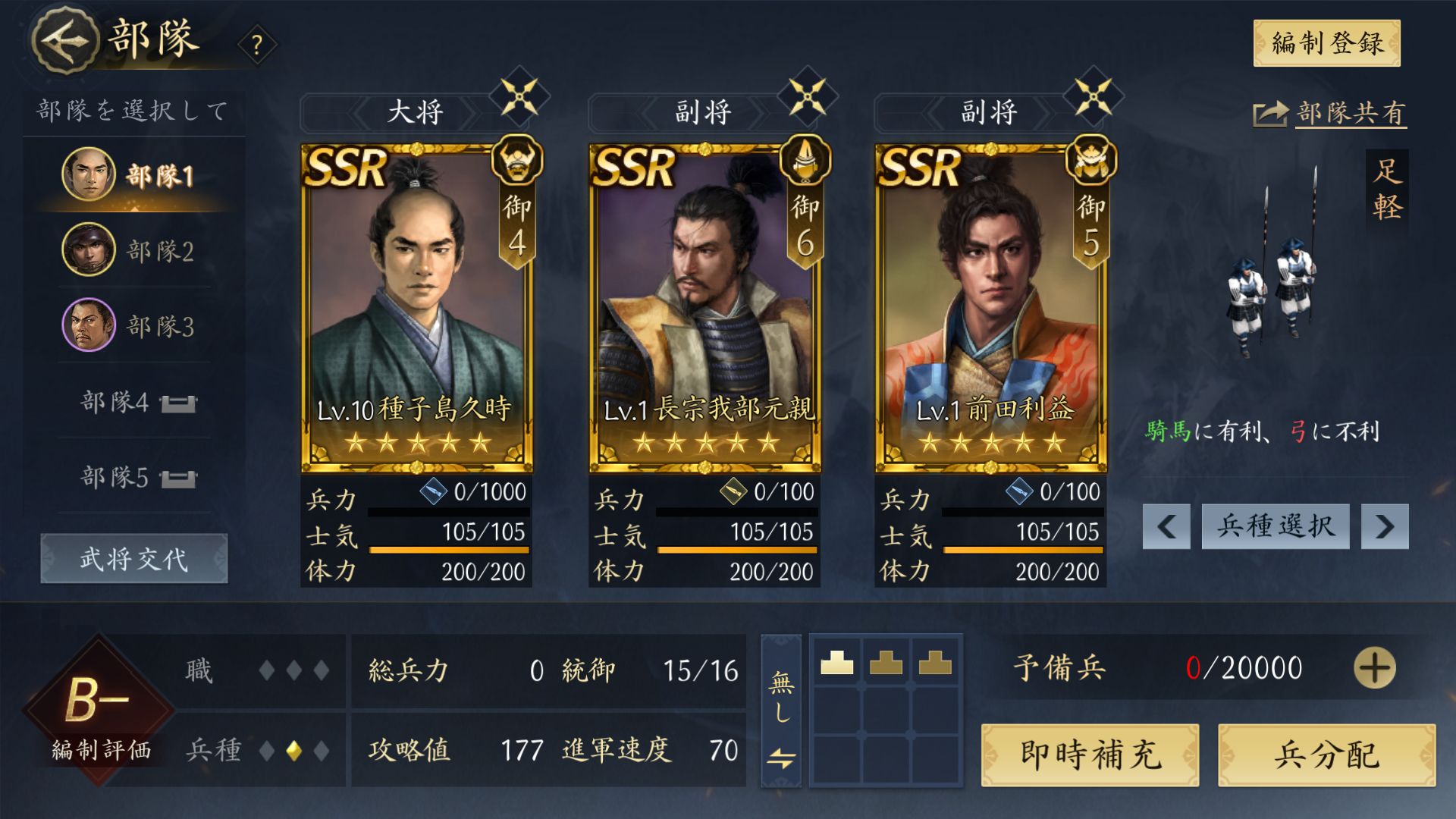 戦闘時に使用する「部隊」という単位。最大で武将3人を組み合わせられ、この組み合わせと、それぞれの武将にどのような戦法を学習させるかで戦い方は大きく変化する