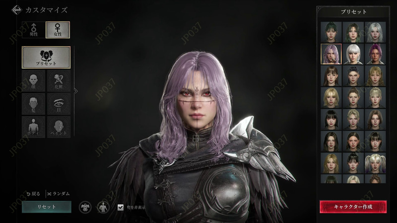 キャラメイクはかなり細かく、プリセットも複数用意されている