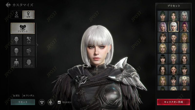 キャラメイクはかなり細かく、プリセットも複数用意されている
