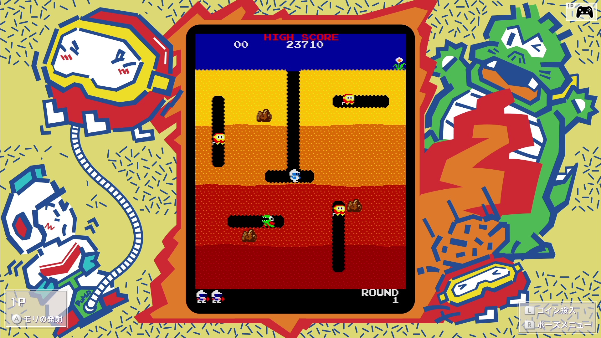 原作ではこんなにも愛らしい敵キャラクター。画面はNintendo Switch「NAMCO MUSEUM」収録の「ディグダグ」