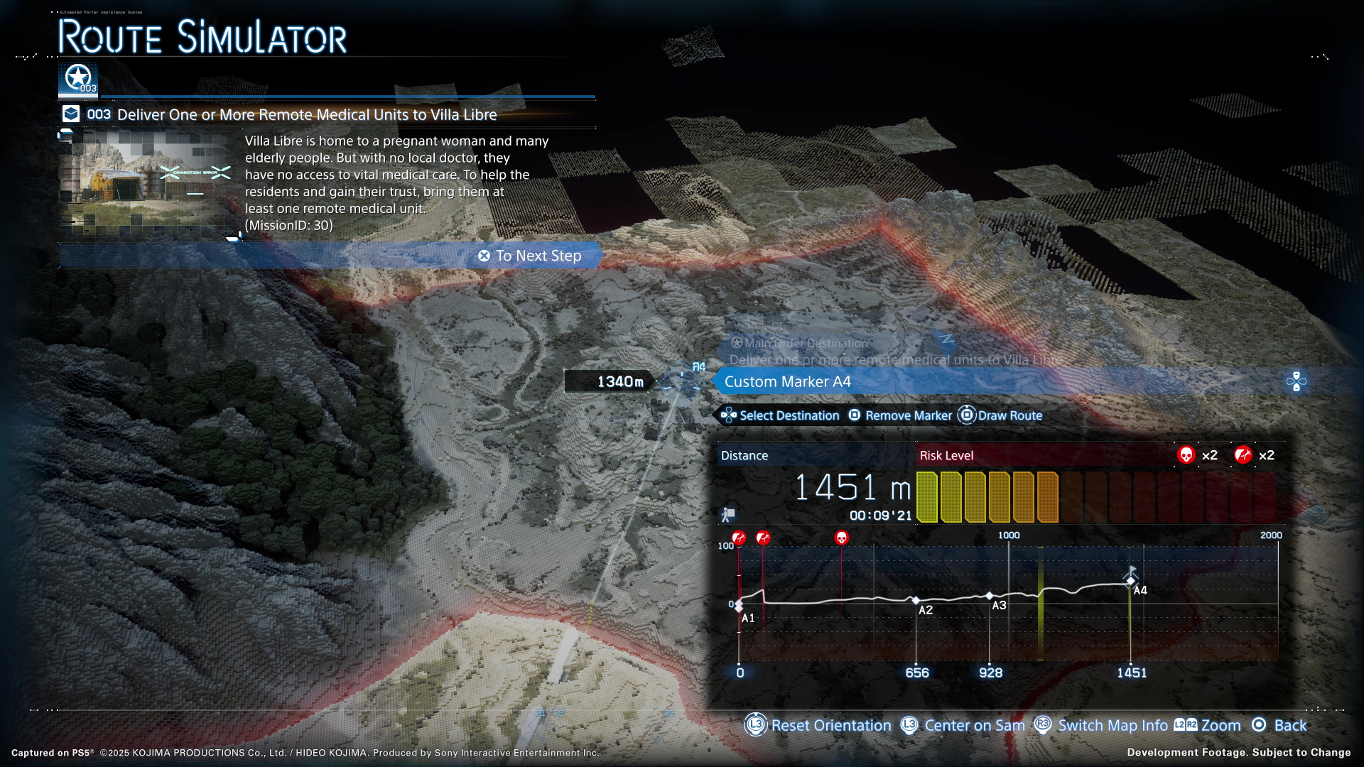 マップ上ではルートの構築が行なえる。マーカーを繋いでルートを作ると、高低差とともに危険度がシミュレートされる。迷うことも結構あるため、こうした事前の移動ルートの計画は重要だ