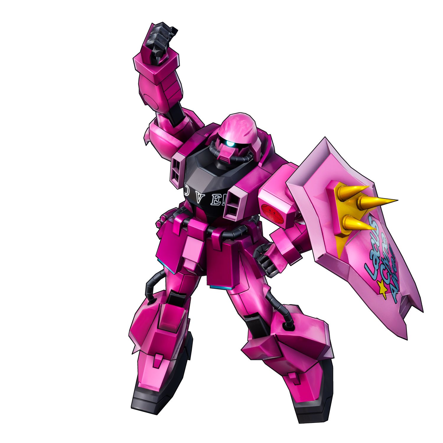 慰問コンサート用にラクス（ミーア）のシンボルカラーであるピンクに塗装されたザクウォーリア。ステージセット用の機体のため、戦闘用の武装は殆ど取り外されている