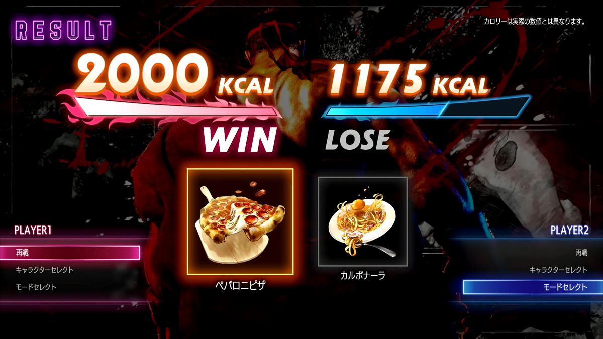 リザルト画面ではカロリー消費量が表示される。カロリーは実際の数値とは異なるが、食べ物でたとえてくれるのは面白い
