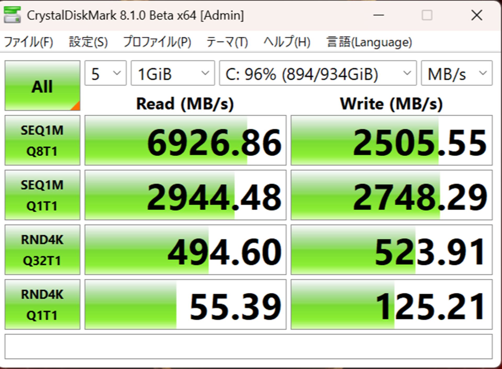 シーケンシャルリードは6,926.86MB/sと高速だ