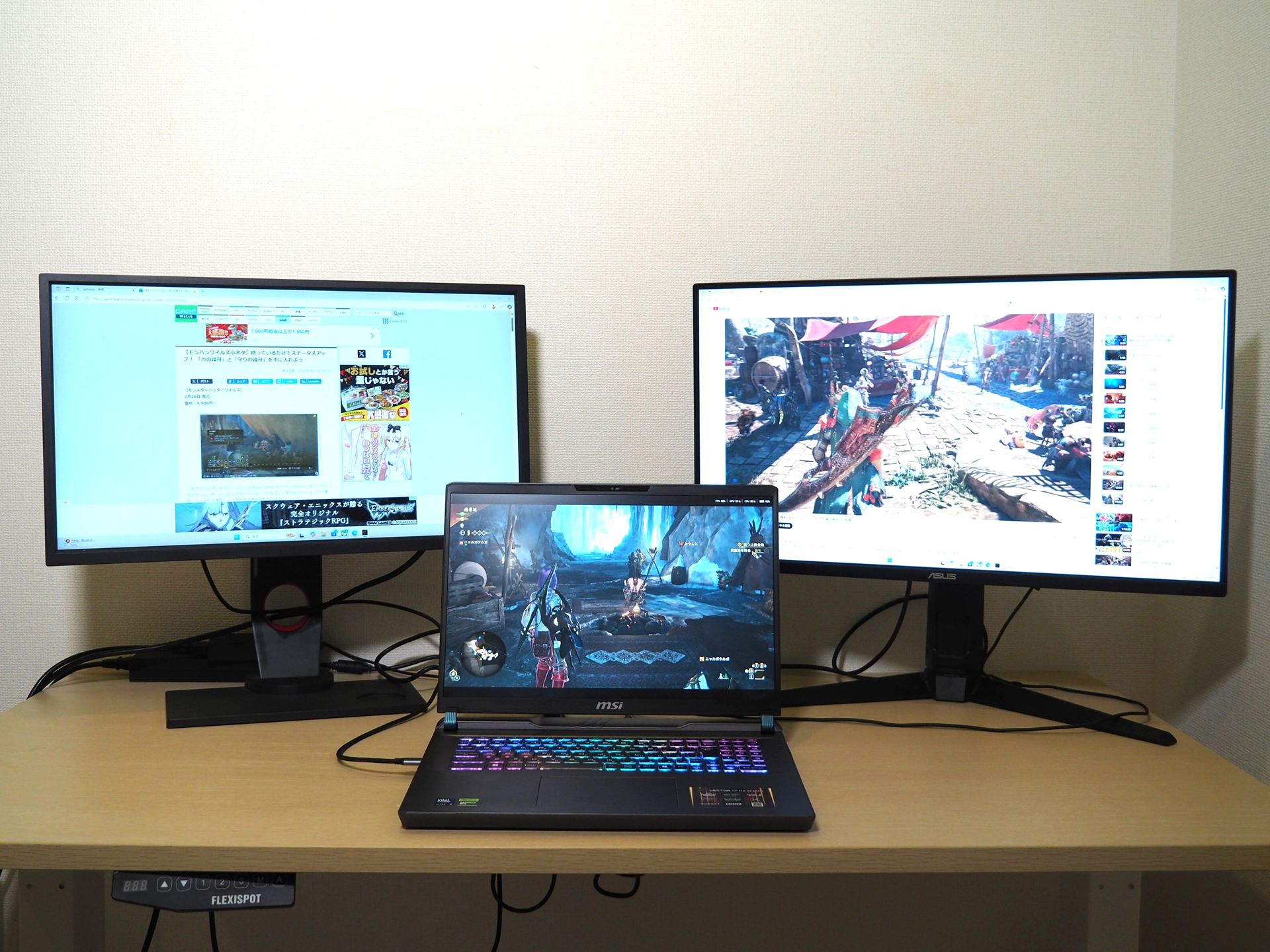 このように、Vector 17 HX AI A2XWシリーズにHDMIケーブルとUSB Type-CーDisplayPort変換ケーブルを接続することで3画面出力が可能。左のモニターはフルHD、右のモニターは4Kである