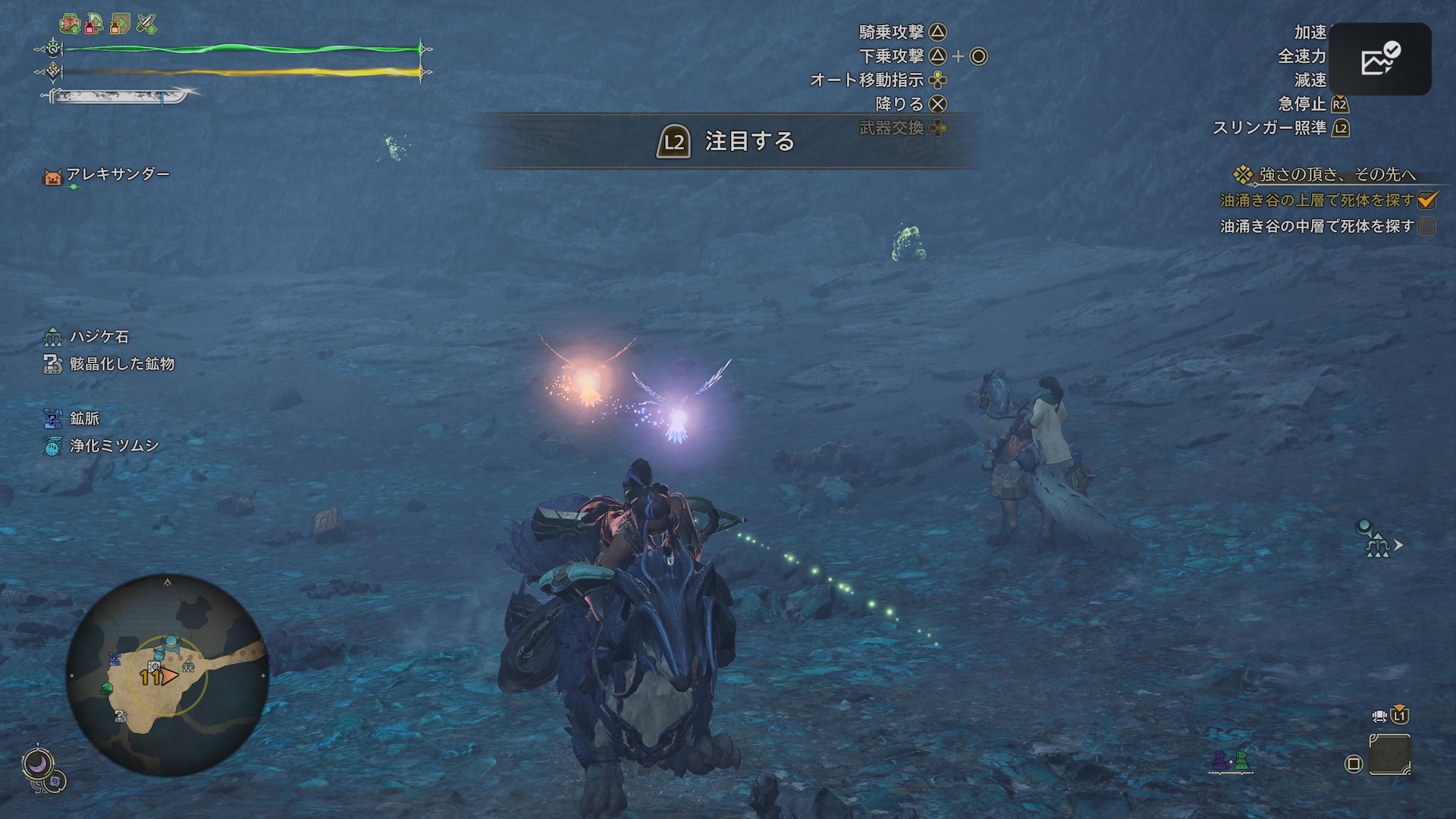 こちらも同じくアイルーとアルマのセリフを頼りに探索を進めていくと「注目する」というアクションが行なえるようになる