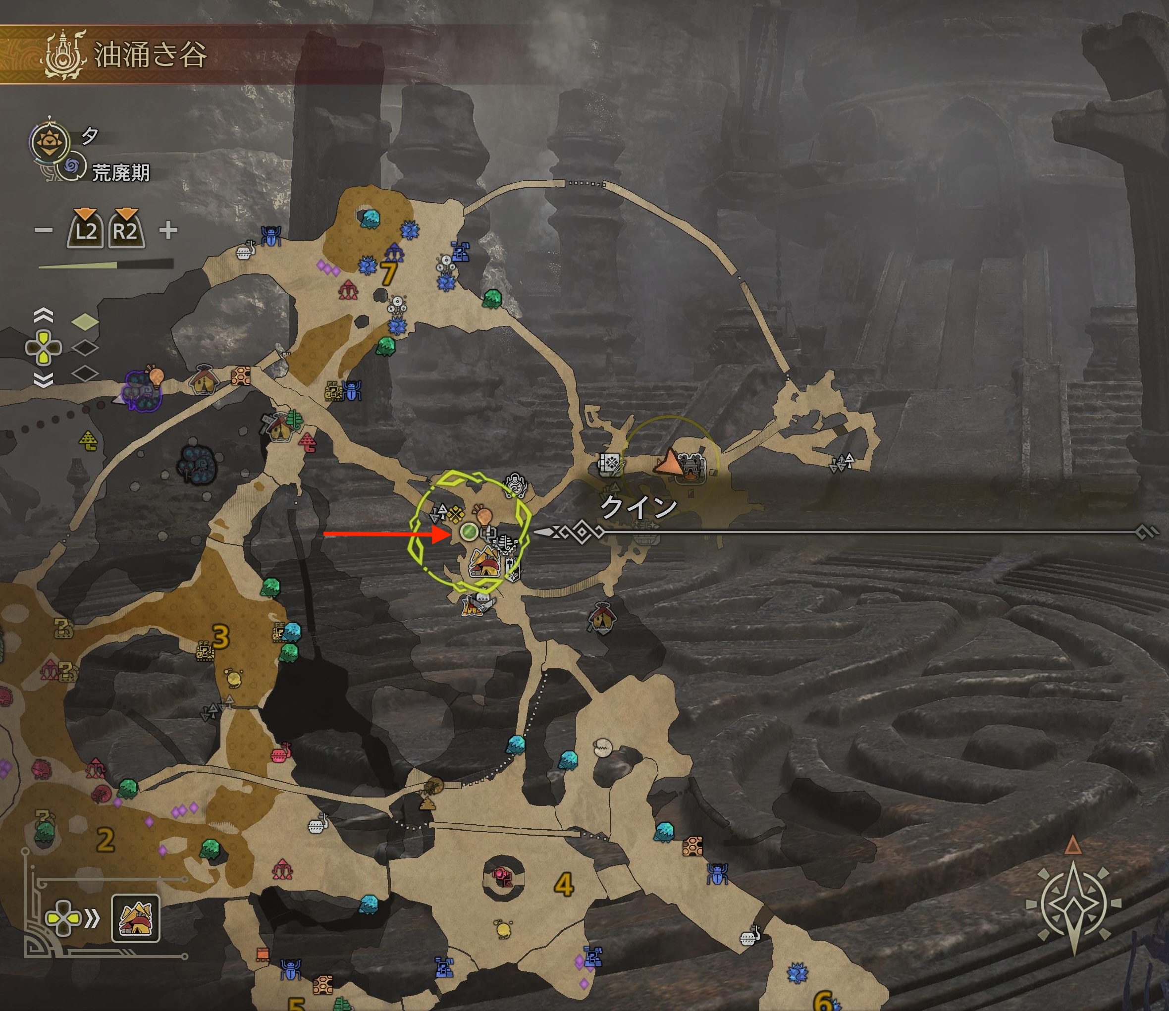 クインの位置はこの辺り。油涌き谷のベースキャンプの近くにいる