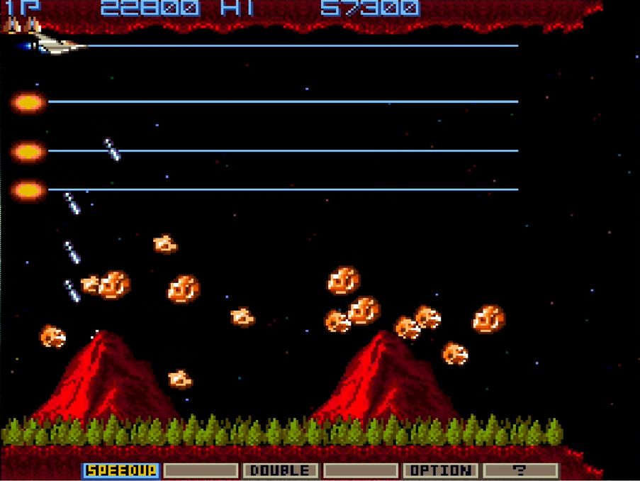 ステージ1は火山ステージ。最終盤では火山岩が大量に出現する