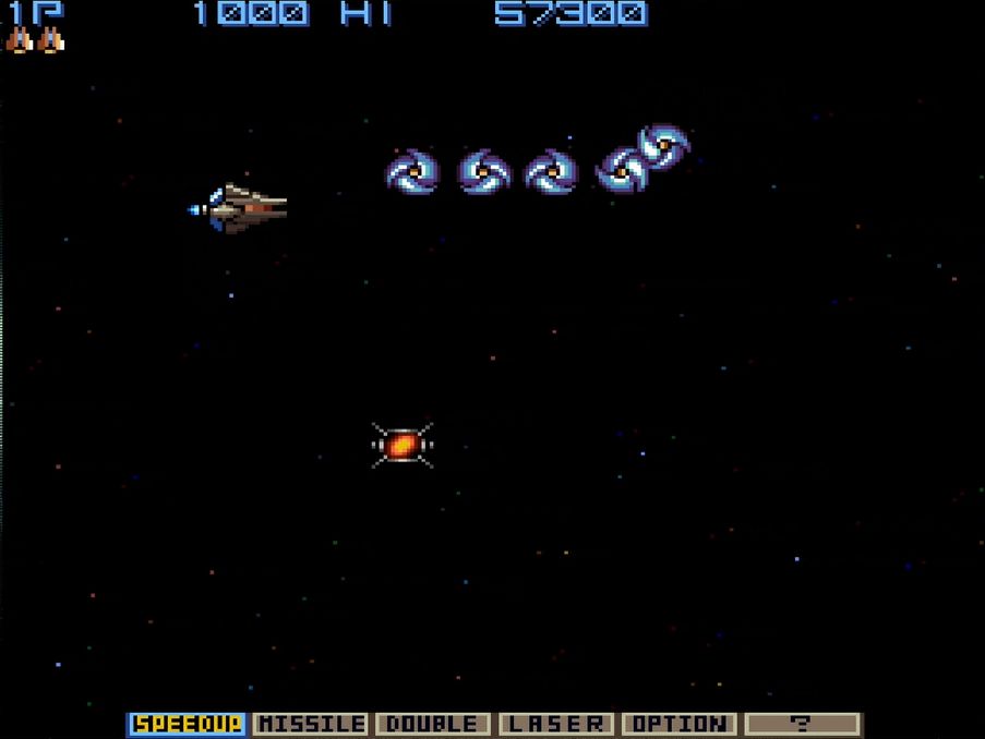 パワーカプセルを1個取るとメーターが点灯し、パワーアップボタンを押すとビックバイパーが「スピードアップ」する