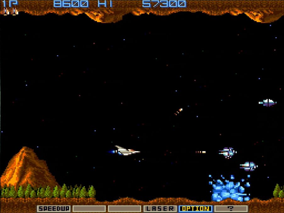 3個ストック時のパワーアップは、ショットを正面と右上に2発同時に撃つ特徴を持つ「ダブル」