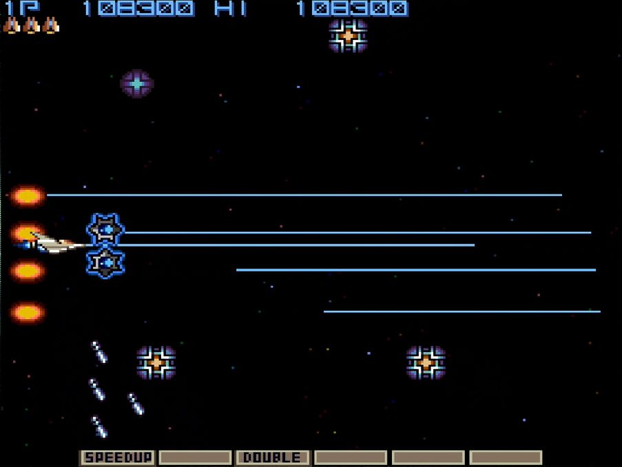 最後の「？」マークのパワーアップは、敵の攻撃から身を守るバリア。ただし、背後からの攻撃は防げない