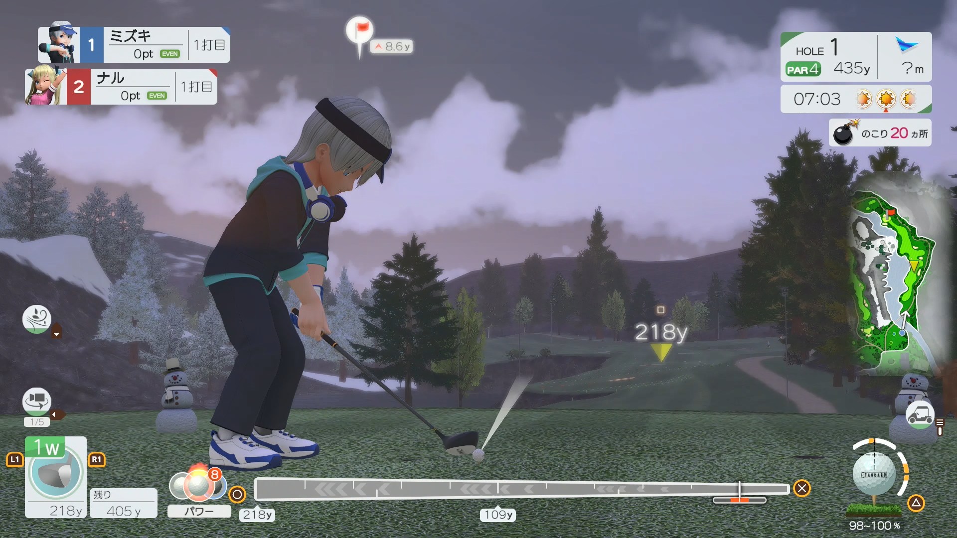「ドッカンGOLF」はボールを打つまではいつものゴルフゲームの風景だ。違和感のある表示と言えば右にある爆弾マークと「のこり20カ所」の文字くらいか……え、20カ所もあるの？