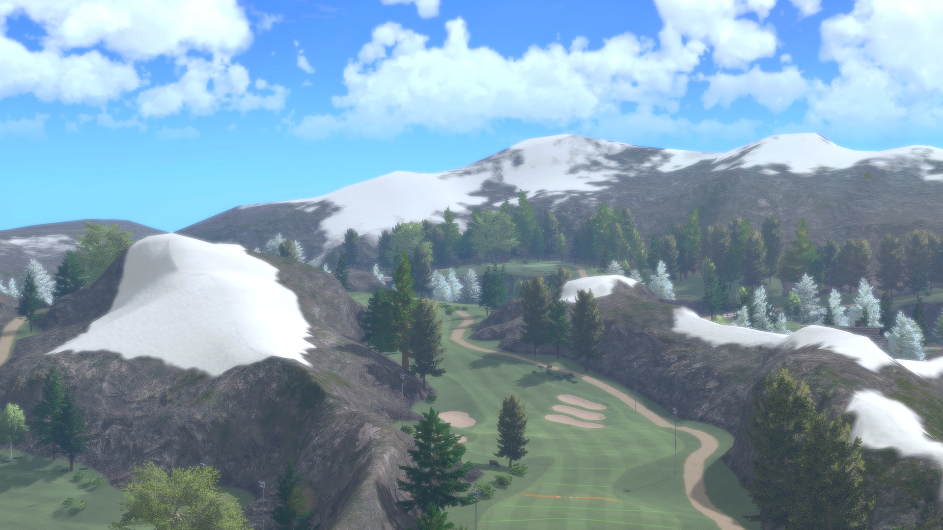 残雪も確認できる「シルバーピークスゴルフコース」。雪の日のゴルフはリアルでも経験者は少なさそうだ