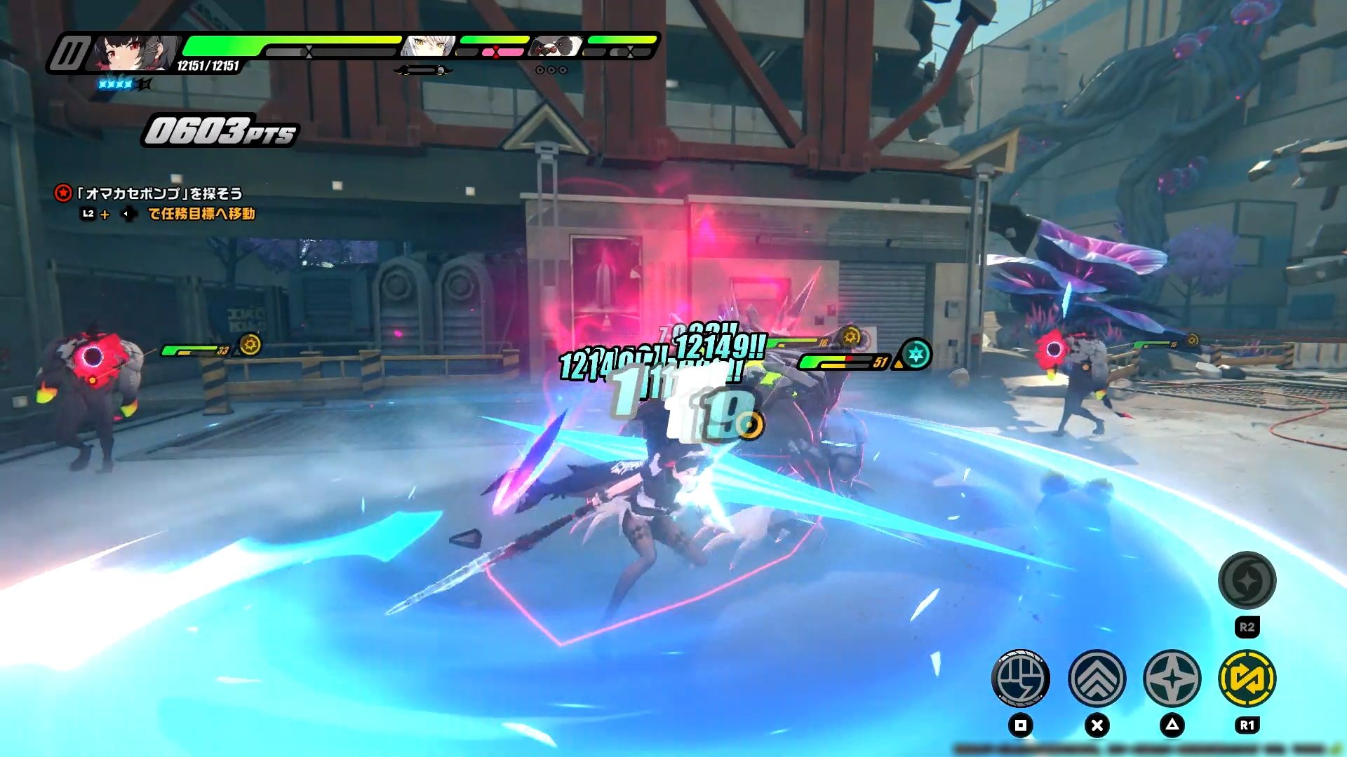 新アクション「氷刃の波」。飛び上がった直後に袈裟斬り、水平薙ぎ払いと2段に続く技。カッコいい