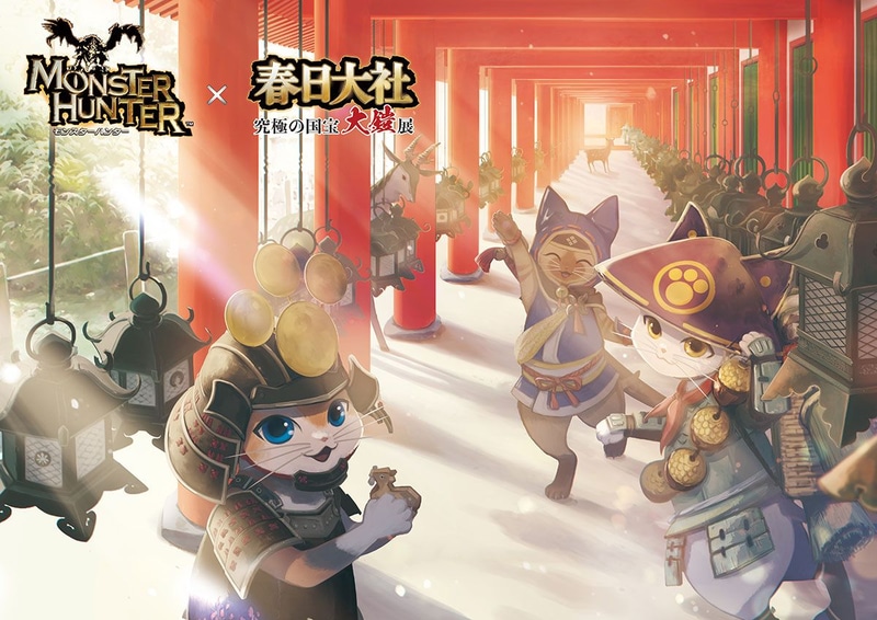 釣燈籠が並ぶ春日大社の朱塗りの回廊で、アイルーたちが記念撮影。鹿みくじを手にして笑顔を見せるアイルーたちの後方には、「ケルビ」と春日の神の使いである鹿の姿も