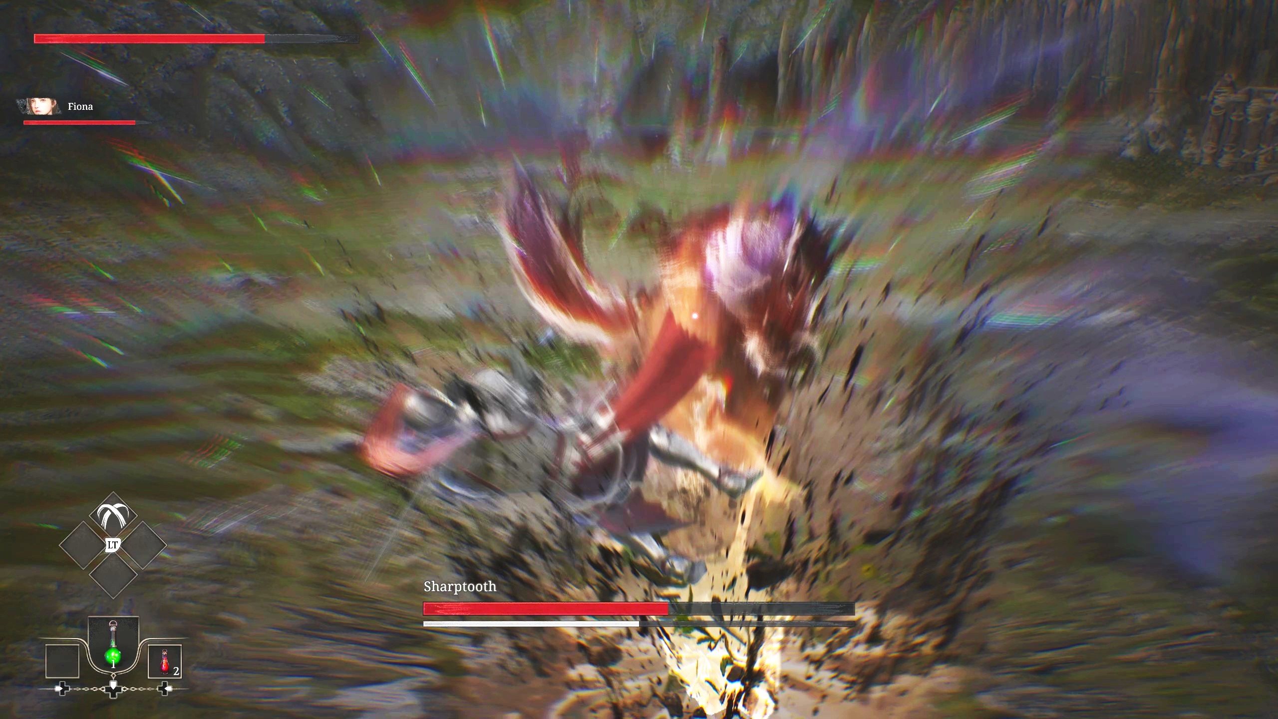 青いエフェクトが表示されたタイミングで回避、またはガードのボタンを押すと、ジャストアクションシステム（ジャスト回避／ジャストガード）が発動。筆者が選んだプレイアブルキャラクターは回避タイプなので、この場合はジャスト回避となる