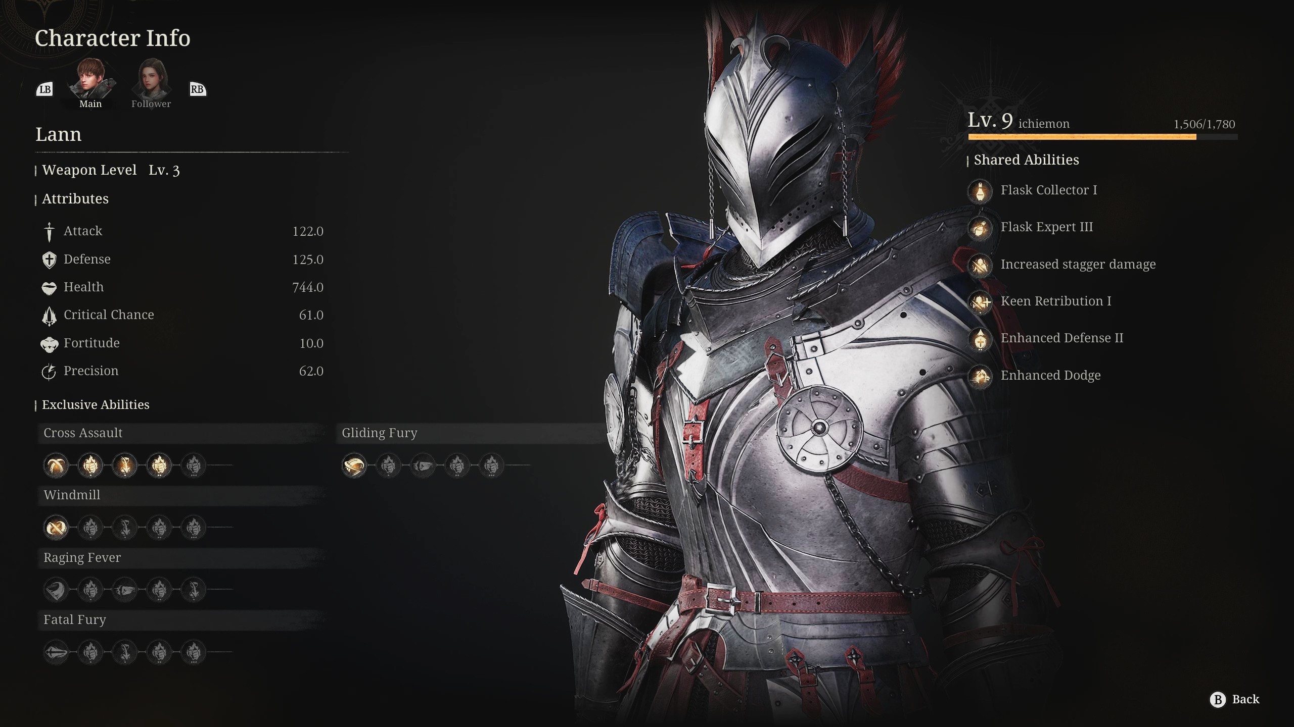 キャラクターの詳細画面。現在のレベルやステータス、装備しているスキルなどの情報を確認できる