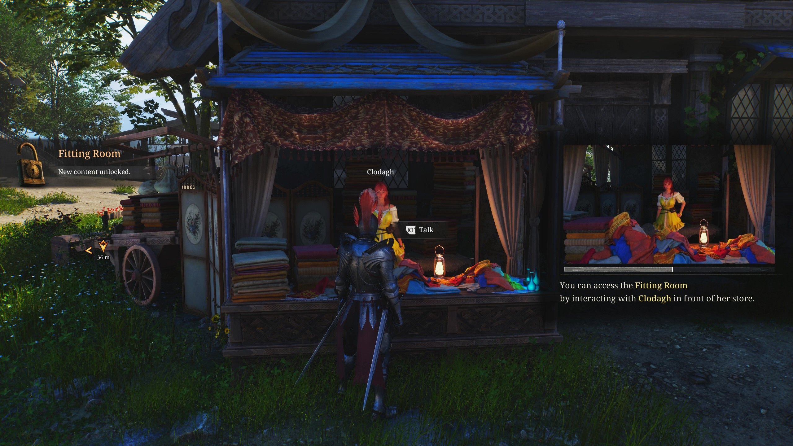 NPCの「Clodagh」に話しかけると「試着室（Fitting Room）」を利用できるようになる