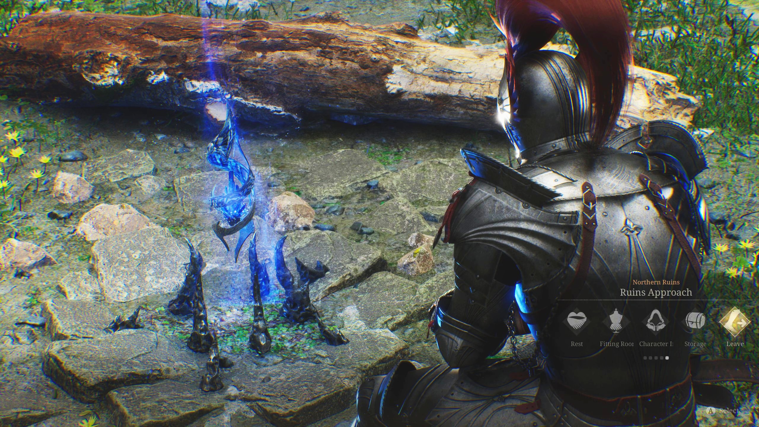 マップの各地に点在する「キャンプ場」。体力の回復やアビリティの獲得、仲間NPCの選択、衣装の試着、装備やアイテムの確認が可能だ