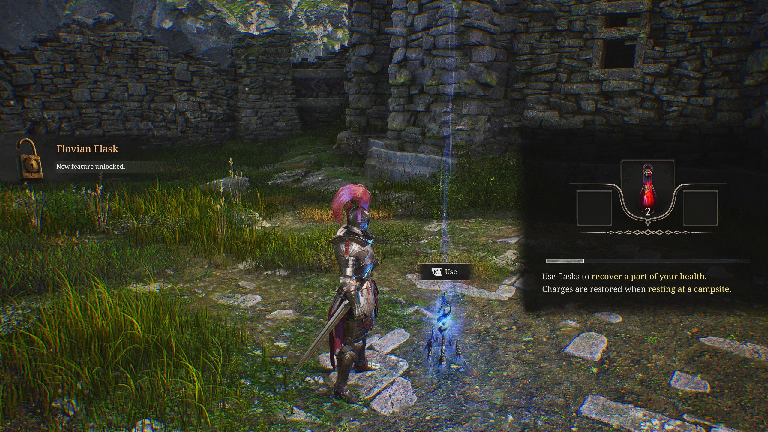 フィールドの各所に設けてある青い篝火がキャンプ場だ。リスポーンのチェックポイントになるので、篝火を見つけたらインタラクトしよう