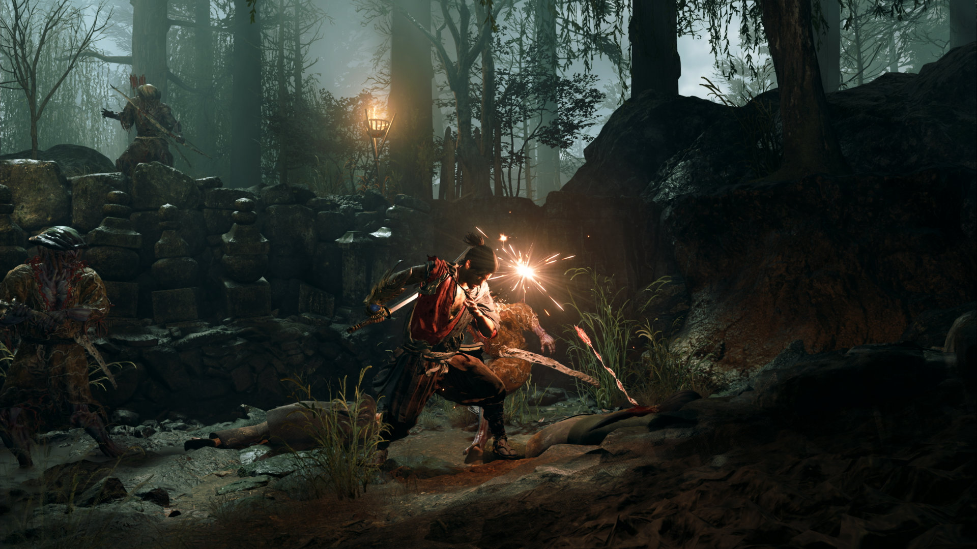 背後からの攻撃も刀でガードできる。まさに剣の達人といったアクション