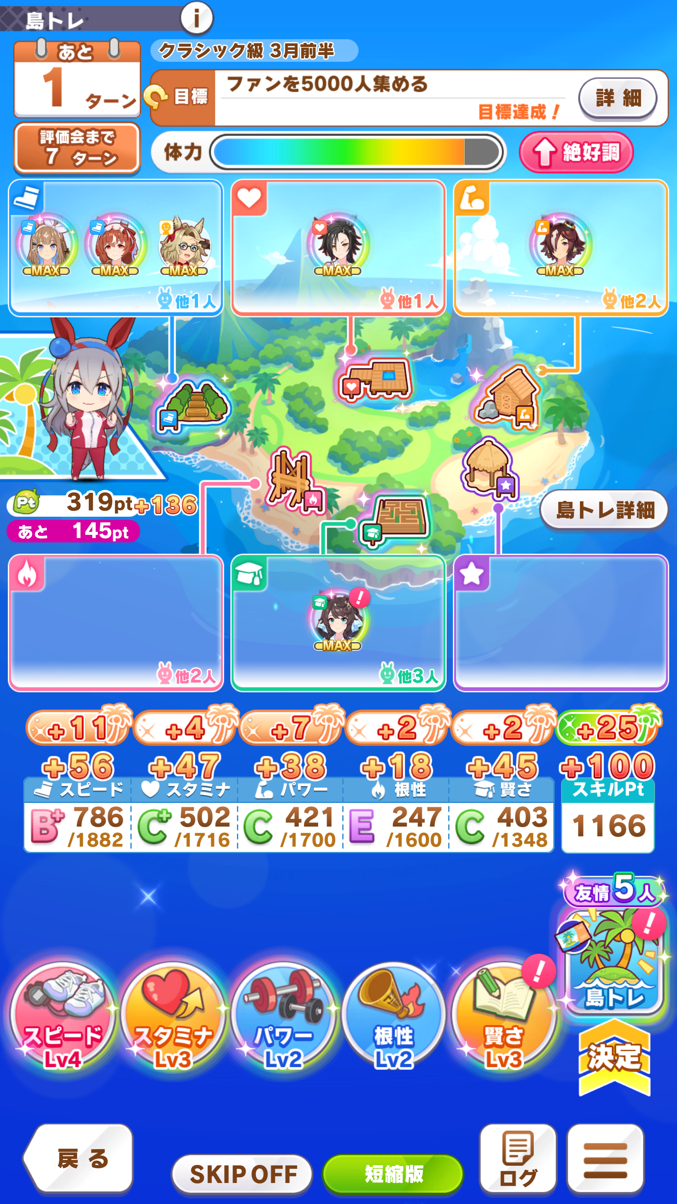 島トレーニング時に他のウマ娘たちがどこにいるのかも重要なポイント。多くのウマ娘と一緒に友情トレーニングを行なうほど効果も高まる