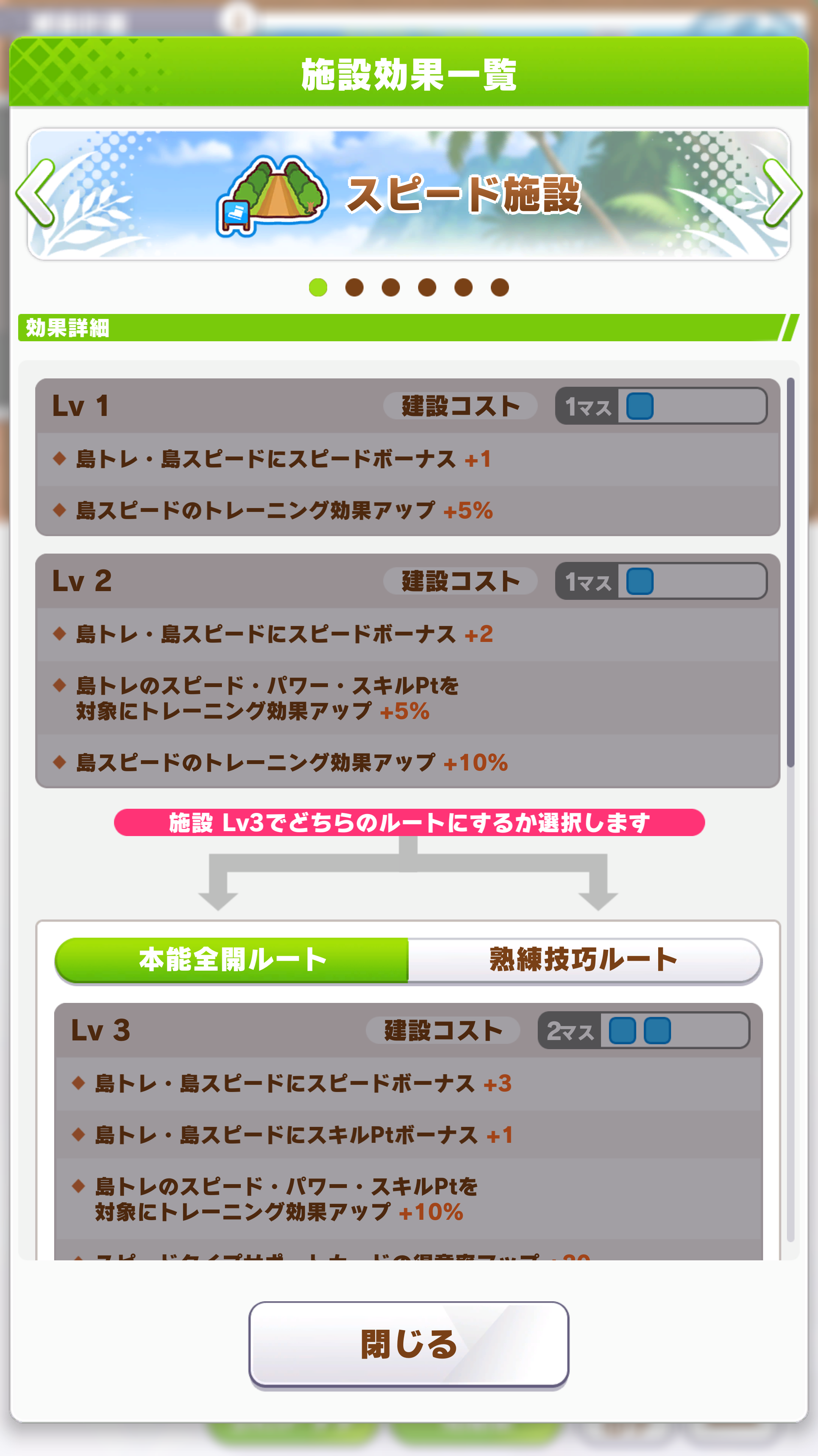 島のトレーニング施設を建造することで得られる効果は建設計画の「施設効果」で確認できる。最大レベルは5で後半になるとより建設計画でのマスが必要になるがその分効果は絶大となる